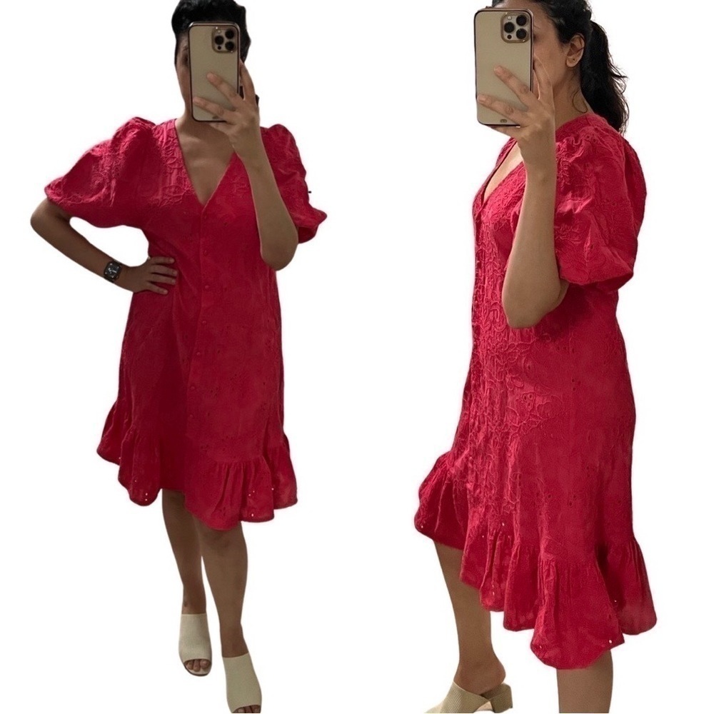 ZARA Eyelet Cotton Vibrant Pink Mini Dress Small